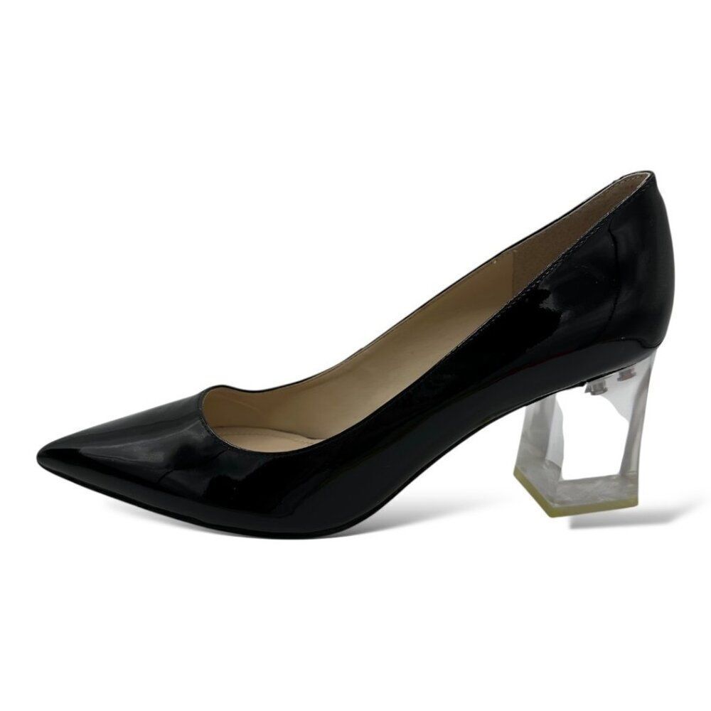 Marc Fisher Zala Black Patent Leather Poiinted Toe Pumps With Clear Acrylic Bloc